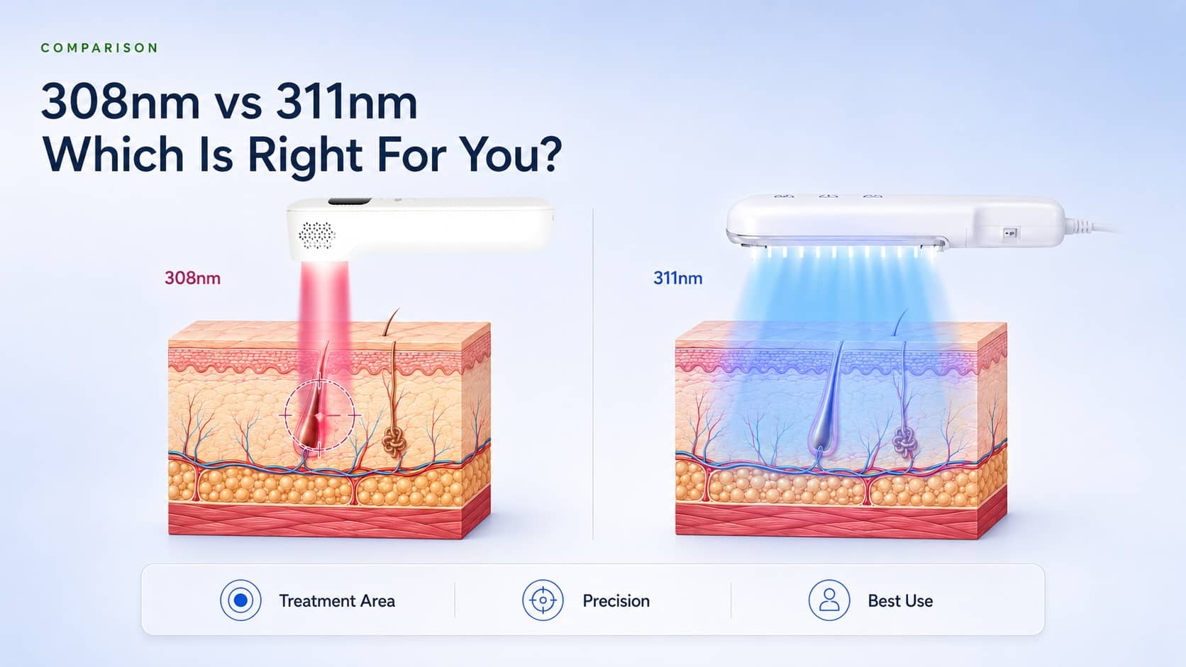 308nm vs 311nm UVB phototherapy comparison showing targeted and broader treatment areas