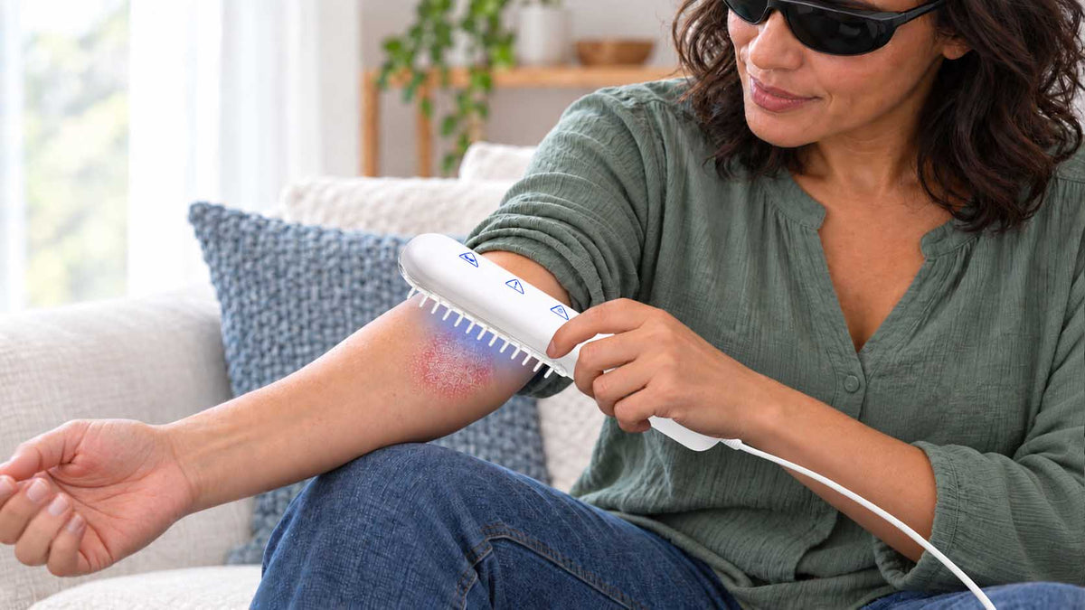 Person using a YOUWEMED 311nm NB-UVB lamp on a localized psoriasis plaque at home