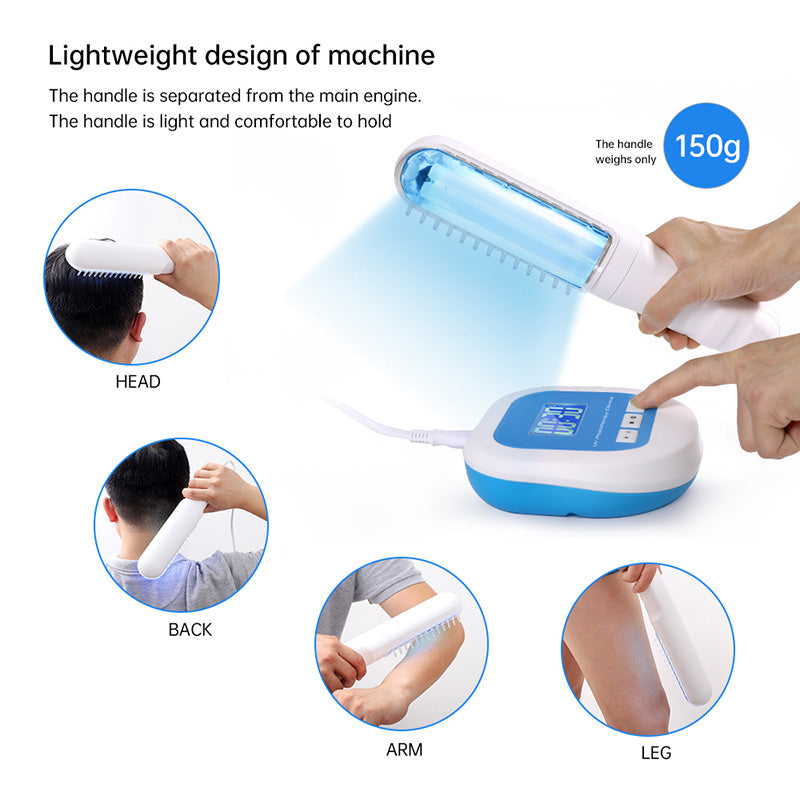 BU-1 lightweight handheld UVB device shown for head back arm and leg use